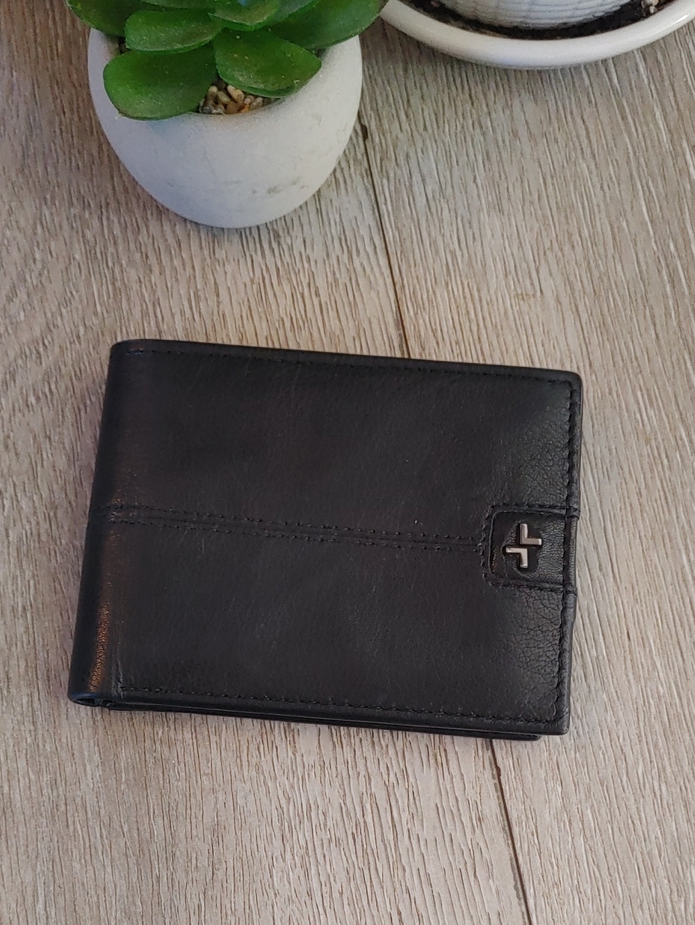Black Leather Bi-Fold Wallet with Cross Accent